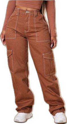 Trendy Brown Full-length Cargo Pants, Trendy Brown Full Length Cargo Pants, Trendy Full-length Brown Cargo Pants, Brown Mid-rise Cargo Jeans For Fall, Mid-rise Brown Cargo Jeans For Fall, Brown High Waist Cotton Jeans, Brown Full-length Cargo Jeans, High Waist Brown Cotton Jeans, Trendy Fitted Brown Cargo Pants