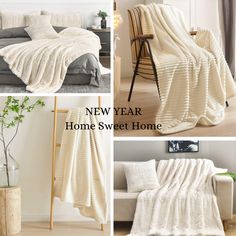 new year home sweet home coverlet and throw blanket set in white, with text overlay