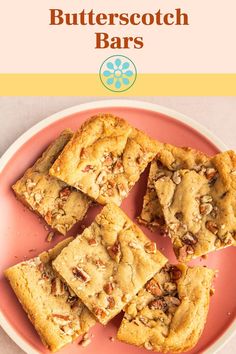 butterscotch bars on a pink plate with text overlay