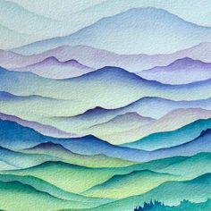 watercolor painting of mountains and trees in the distance