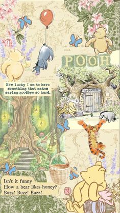 winnie the pooh collage with many different pictures and words on it's side