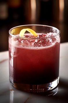 a red drink sitting on top of a table next to a slice of lemon wedge