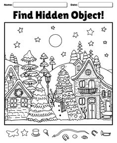 a coloring page for kids with the words find hidden objects in front of a christmas scene