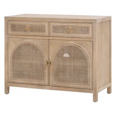 the sideboard is made from wood and has two wicker doors, one with an arched