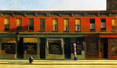 an oil painting of people walking down the street in front of some buildings with windows