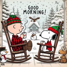 charlie and snoopy are sitting on rocking chairs in the snow