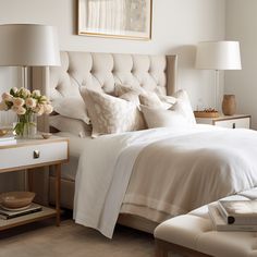 a bed with white linens and pillows in a bedroom next to two lamps on either side of the bed