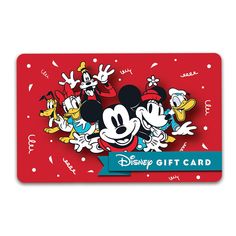 a disney gift card with mickey mouse and other characters on it, in front of a red background