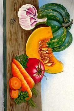 an oil painting of vegetables on a wooden board with onions, carrots and squash