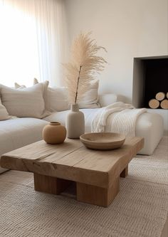 a living room filled with furniture and a fire place next to a white couch in front of a window