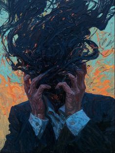 a painting of a man holding his head in front of his face with long hair