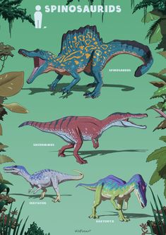 an image of dinosaurs in the jungle with words above them that read spinosaurids