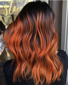 Black And Orange Balayage, Black And Ginger Hair Ombre, Black To Orange Ombre Hair, Orange Streaks In Brown Hair, Orange Hair Balayage, Orange Bayalage Hair, Orange Highlights In Black Hair, Black Hair With Orange Highlights, Brown Hair With Orange Highlights