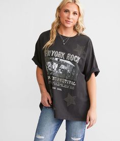 Modish Rebel Rock Music Festival T-Shirt - Black Large, Women's Washedblack Distressed graphic rhinestone t-shirt Bust measures 46 on size small Body length 25 on size small. 100% Cotton. Machine wash cold with like colors. Do not bleach. Line dry. Iron low. Do not dry clean.. Measurements: Bust -Fullest part of bust with arms at sides. Waist -Circumference of natural waist: above belly button below rib cage. Hips -Standing with feet together fullest part of hips. WOMEN'S TOP SIZE CONVERSION CHA Rock Music Festival, Festival T Shirts, Waist Circumference, Music Photography, T Shirt For Women, Rib Cage, Belly Button, Black Media, Fashion Tops