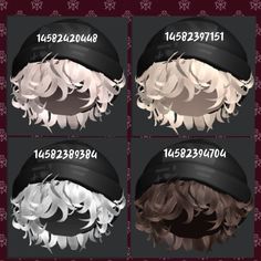 four different styles of wigs with white hair and black hat on top of them