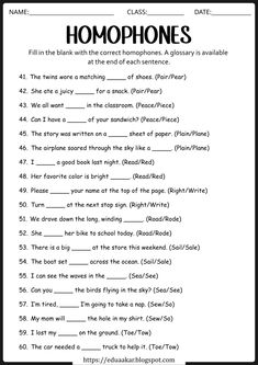 homophones worksheet for students to use in their class or home school classrooms