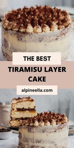 the best tirami layer cake recipe with two layers cut in half and topped with crumbs