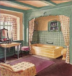 an old fashioned bathroom with green walls and tile flooring, including a bathtub