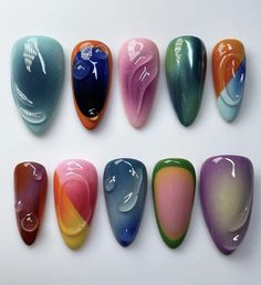 Nail Designs Multi Color, Multicolour Nails, Cute Press On Nails, Nails Funky, Water Drop Design, Funky Nail Designs, Classy Nail, Funky Nail Art, Airbrush Nails