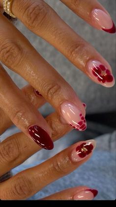 Fun Birthday Nails Almond, Almond Nails Designs Dark Red, Natural Base Nails, Nail Inspiration Flower, Dark Red Flower Nails, Nails To Go With A Red Dress, Summer Nails 24, Blooming Flower Nails, Blooming Gel Flowers