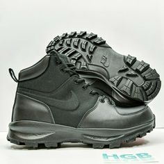 Nike ManoaFit: Men'sColor: Black / Black - BlackStyle: 456975-001MSRP: $ 90Built to tackle tough terrain or city streets, the Nike Manoa Men's Boot has a cushioned midsole and a solid rubber outsole inspired by the trail for superb traction over any surface. Size: 9.  Gender: male.  Age Group: adult. Nike Black Boots With Reinforced Toe, Nike Black Boots For Outdoor Activities, Nike Black Boots For Outdoor Work, Functional Black Nike Boots, Urban Black Boots For Outdoor, Urban Black Outdoor Boots, Urban Black Boots For Outdoor Activities, Black Tactical Sneakers For Sports, Rugged Black Fade-resistant Sneakers