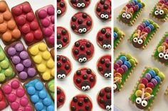 some cookies are decorated with different colors and shapes