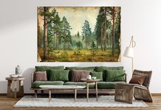 a living room filled with furniture and a painting on the wall above it's couch