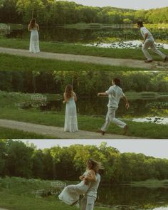 two people are dancing in the grass near water