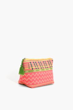 Make-up/cosmetic Pouch Top Zip Closure with Puller Tassel Made in Handwoven Jacquard Size: 10" x 6" x 3"  Make a statement with this chic and colorful cosmetic pouch, crafted in handwoven jacquard with a unique chevron pattern. Featuring a vibrant blend of pink and green tones, this pouch is adorned with a playful tassel on the zipper pull for easy access. Its compact design, measuring 10" x 6" x 3", is perfect for carrying all your beauty essentials on the go. Multicolor Pouch Cosmetic Bag, Multicolor Clutch Cosmetic Bag For Travel, Pink Clutch With Zipper Pouch For Travel, Pink Travel Clutch With Zipper Pouch, Travel Clutch With Zipper Pouch In Pink, Travel Pink Clutch With Zipper Pouch, Travel Pink Pouch Clutch, Multicolor Zipper Pouch Clutch, Pink Clutch Cosmetic Bag With Zipper