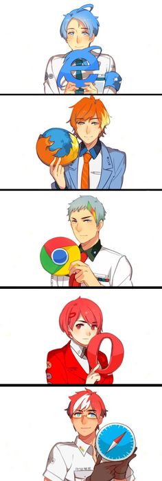 four different anime characters, one with red hair and the other blue