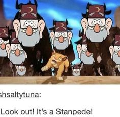 an image of cartoon characters with caption that reads, look out it's stampede