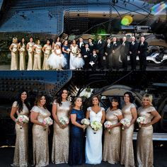 the bride and grooms are posing in front of an old train