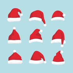 a set of red santa hats on blue background