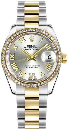 178383 ROLEX DATEJUST 31 LUXURY WOMEN'S WATCH Store Display Model (What's This?) - With Manufacturer Serial Numbers - Swiss Made - Silver Dial - Roman Numeral Hour Markers     Large VI Set with Diamonds - Solid 18k Yellow Gold Domed Diamond Bezel     46 Diamonds Set on Bezel - Cyclops Lens Date Feature     Instantaneous Date with Rapid Setting Feature - Stop-seconds Feature for Precise Time Setting - 48 Hour Power Reserve - Self-winding Automatic Movement     COSC Superlative Chronometer Certified - Rolex Caliber 2235 - Vibrations Per Hour: 28,800 - Jewels: 31 - 6 Year Warranty - Guaranteed Authentic - Certificate of Authenticity - Manufacturer Box & Manual - Brushed with Polished 904L Oystersteel Stainless Steel Case - Brushed 904L Oystersteel Stainless Steel with Polished Solid 18k Yello Diamond Watches Women, Rolex Women, Rolex Men, Authentic Watches, Rolex Oyster Perpetual, Free Bracelet, Rolex Oyster, Roman Numeral, Oyster Perpetual