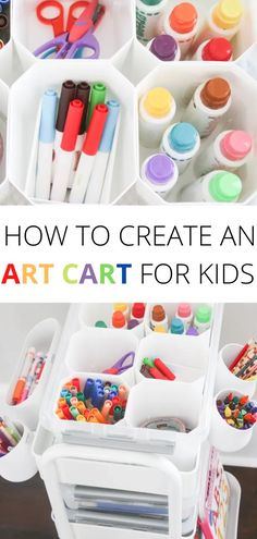 Organize all those supplies with this easy DIY art cart for kids! Here we show you how to take your kids craft supplies and put them all in one goto spot. Read here and discover how easy it is to create an adorable art cart for your toddlers or kids at Home of Malones. Diy Art Cart, Art Cart For Kids, Toddler Art Supplies, Kids Organization, Toddler Organization, Craft Cart, Kids Craft Supplies, Art Supply Organization, Toddler Arts And Crafts