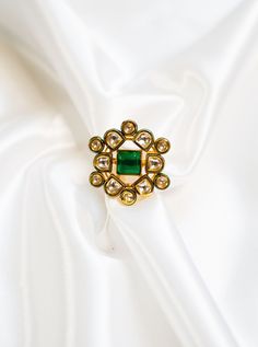 Emerald Ring with Kundan stone Traditional Green Rings, Gold Kundan Rings In Temple Jewelry Style, Traditional Gold Emerald Anniversary Ring, Traditional Gold Emerald Wedding Ring, Kundan Toe Ring As Gift, Fusion Style Gold Rings For Festive Occasions, Temple Jewelry Rings With Stone Setting For Festive Occasions, Temple Jewelry Gemstone Rings As Gifts, Handmade Temple Jewelry Ring For Festive Occasion