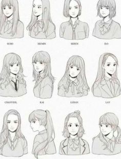 an anime character's hair styles and their expressions are shown in this drawing style