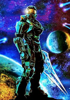 a painting of a sci - fi character standing in front of a space scene with planets and stars