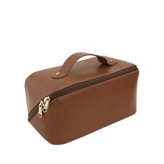 a brown leather toilet bag on a white background