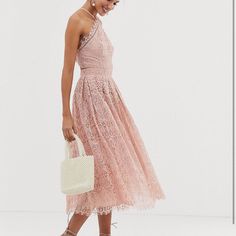 Bought This Dress For A Wedding And Never Wore New With Tags. Size 4. Beautiful Detailing And Cutout In The Back. Fully Line And Bottom Has One Layer Of Tulle For A Little Flare. From The Asos Tall Line And Is Midi Length Summer Midi Dress With Lace Trim For Wedding Guest, Summer Wedding Guest Midi Dress With Lace Trim, Bridesmaid Lace Midi Dress With Lace Trim, Lace A-line Bridesmaid Dress, Spring Wedding Midi Lace Dress, Sleeveless Lace Dress For Summer Wedding, Feminine Lace Midi Dress For Bridesmaids, Spring Bridesmaid Midi Dress With Lace Trim, Spring Bridesmaid Midi Dress Halter Neck