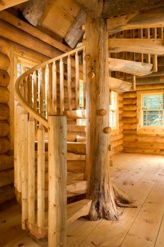 a spiral staircase in a log cabin next to a tree trunk and window on the wall