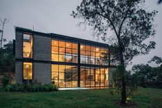 a modern house with glass walls and trees in the yard at dusk, as seen from across the lawn