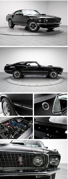 four different shots of an old muscle car in black and white, with the hood up