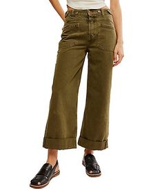 Free People Palmer Mid Rise Relaxed Button Waist Cuffed Jeans Army Green Jeans, Sporty Sneakers, Green Jeans, Cuffed Jeans, Denim Wash, Bottoms Pants, Long Tops, Short Tops, Army Green