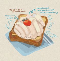 a piece of toast with whipped cream and a strawberry on top is shown in this illustration