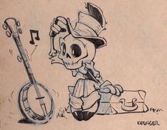 a drawing of a skeleton playing the ukulele with a top hat and cane