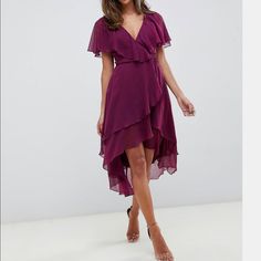 Brand New With Tag From Asos Asos Design Plum Color (Maroon, Burgundy.. With A Hint Of Purple) Asymmetrical Chiffon Ruffle Design V Neck Hidden Side Zipper Waist Tie - Tie On Side Or Back! Flowy Dress Super Pretty And Feminine Blue High Low Dress, High Low Prom Dress, Belted Wrap Dress, High Low Midi Dress, Fancy Tops, Midi Dress Style, Asos Curve, Asos Dress, Crop Top Outfits