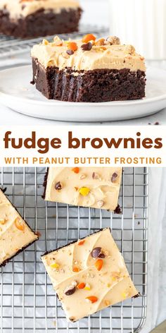 chocolate fudge brownies with peanut butter frosting on a cooling rack and plate