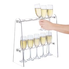 a person holding a wine glass rack with six glasses on it and five champagne flutes in front of them