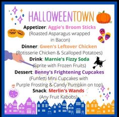 the halloween town menu with pumpkins and other things to eat on it's side